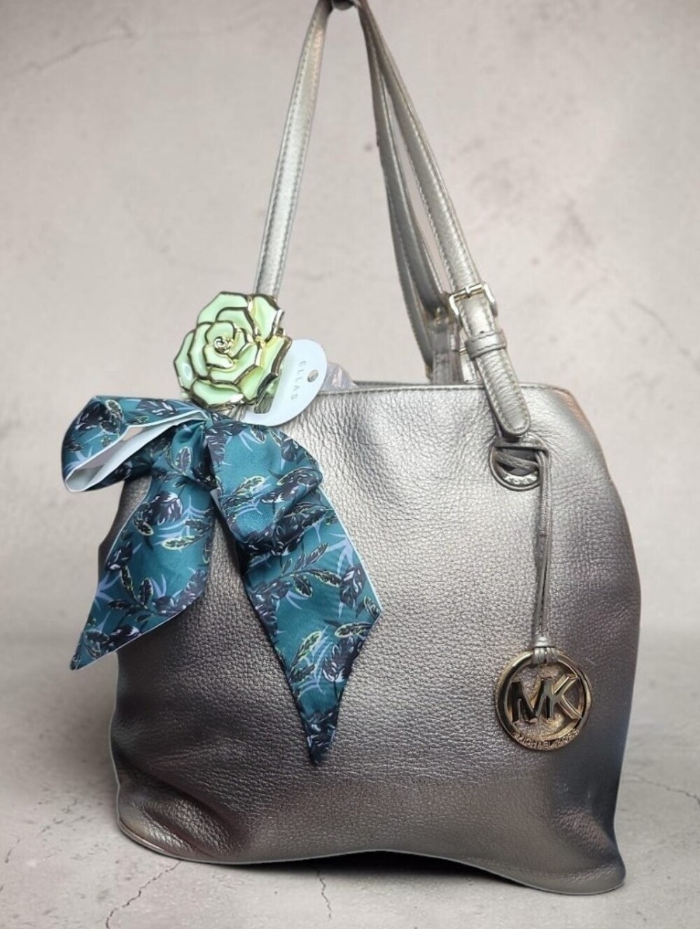 Michael Kors Gold Leather Shoulder Tote with Teal Floral Scarf And Hairclip